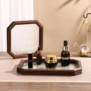 Mystic Arts Solid Wood Glass Tray Octagonal Bathroom Storage Tabletop Decorative Organizer For Cosmetics Tea <b>Set</b> Display - Product Image 3