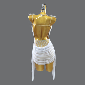 Costume de danse latine en tulle <span class=keywords><strong>blanc</strong></span> sur mesure avec cristaux scintillants pour la performance et la compétition - Product Image 5