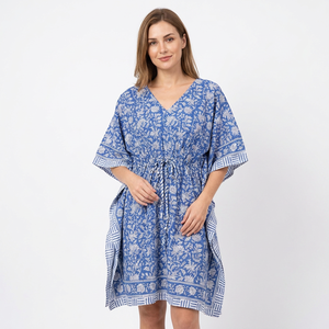 Indian Handmade Short Cotton V-neck Sleeveless Bodycon <b>Kaftan</b> Floral Block Print Eco-Friendly Washable Natural Sleepwear Dress - Product Image 1