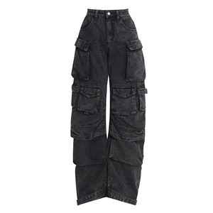 Stile Y2K nero Denim 6 Pocket <span class=keywords><strong>Cargo</strong></span> jeans pantaloni Casual Streetwear Wild Leg Outfit da <span class=keywords><strong>donna</strong></span> - Product Image 2