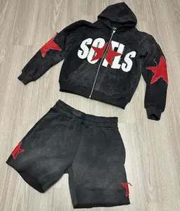 Vintage Acid Washed Tracksuit Distressed Applique Embroidery Patch Sportswear 2 Piece Sets Oversize Zip Up Hoodie And Shorts Set