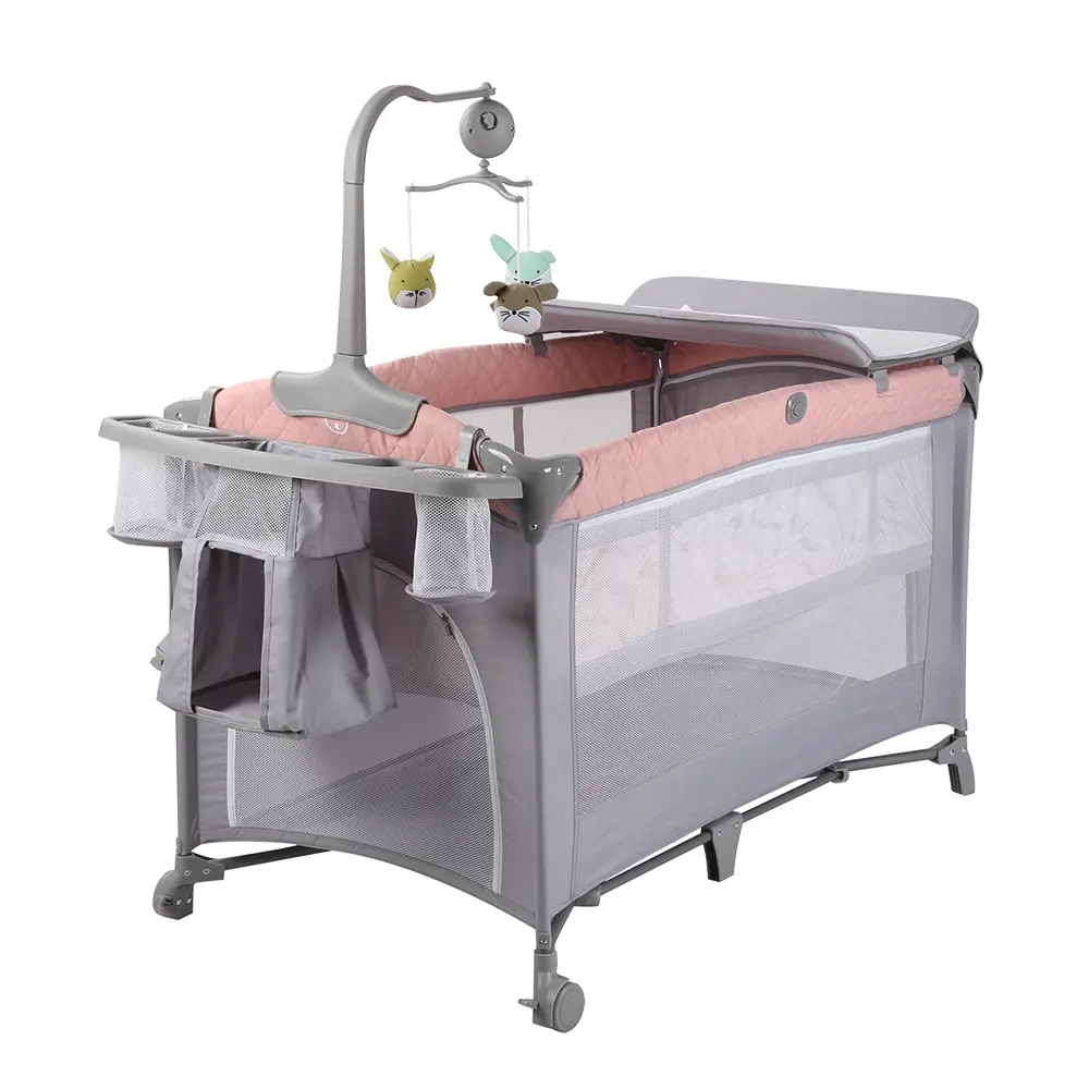 نمط الأكثر مبيعًا يمكن أن يكون OEM قابل للتعديل لسفر الأطفال سرير قابل للطي بجانب السرير سرير جانبي مع عجلات وطاولة حفاضات