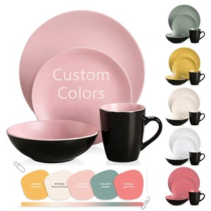 Juego De Vajilla 16 Cái Bộ Đồ Ăn Bằng Đá Màu Trơn Bộ Đồ Dùng Nhà Hàng Tráng Men Mờ Bộ Đồ Ăn Tròn Màu Đen Dùng Cho Đám Cưới - Product Image 1