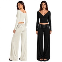 Ensemble de yoga respirant : Haut T-shirt à col en V et manches longues coupe ajustée, pantalon droit ample aux couleurs contrastées pour le fitness