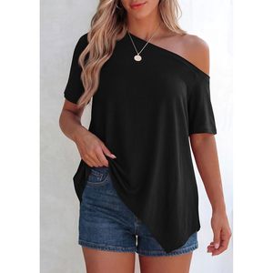 Haut d'été asymétrique à épaules dénudées pour femme, tunique ample à manches courtes, chemisier décontracté en polyester tricoté respirant - Product Image 4