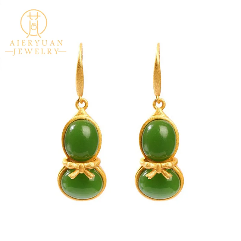 Live Select Style chinois Fulu Yannian épinards vert jaspe gourde boucles d'oreilles plaqué or sable boucles d'oreilles bijoux de mode