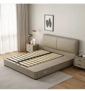 Cama de armazenamento estofada em couro genuíno King size com gavetas e móveis de quarto