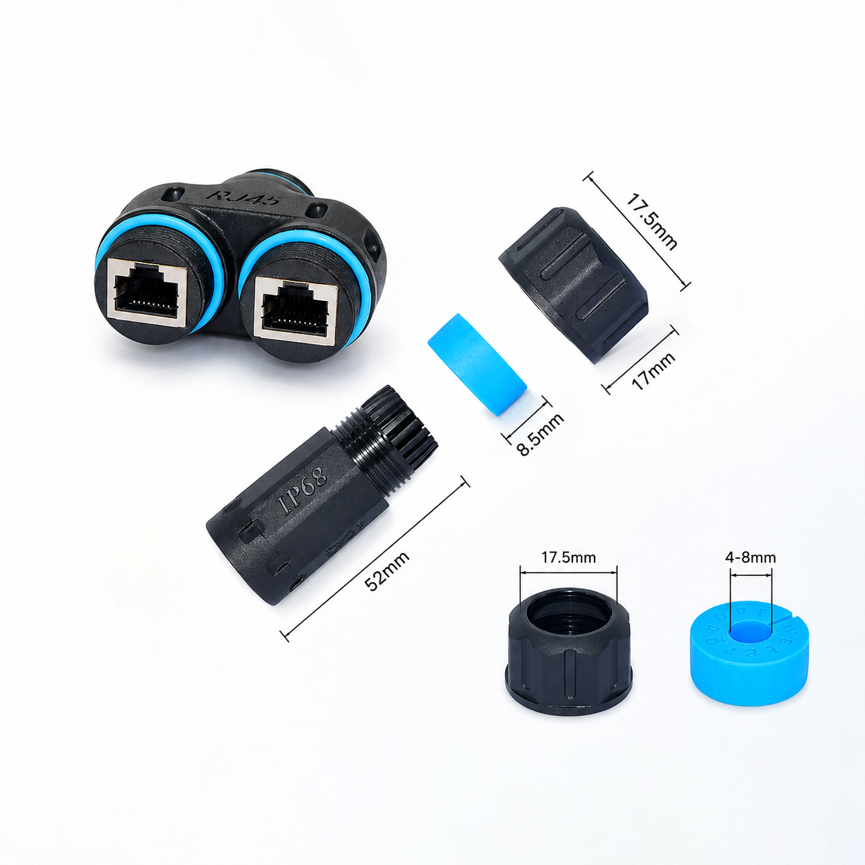 M23 IP68 Waterproof RJ45 Tee Connector 1 to 2 Female Splitter