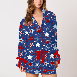 Independence Day Fourth of July <strong>Patriotic</strong> Firework Print Bow TIe Long Sleeve Shirt <strong>Shorts</strong> Two Piece Pajama Set Women - Product Image 3