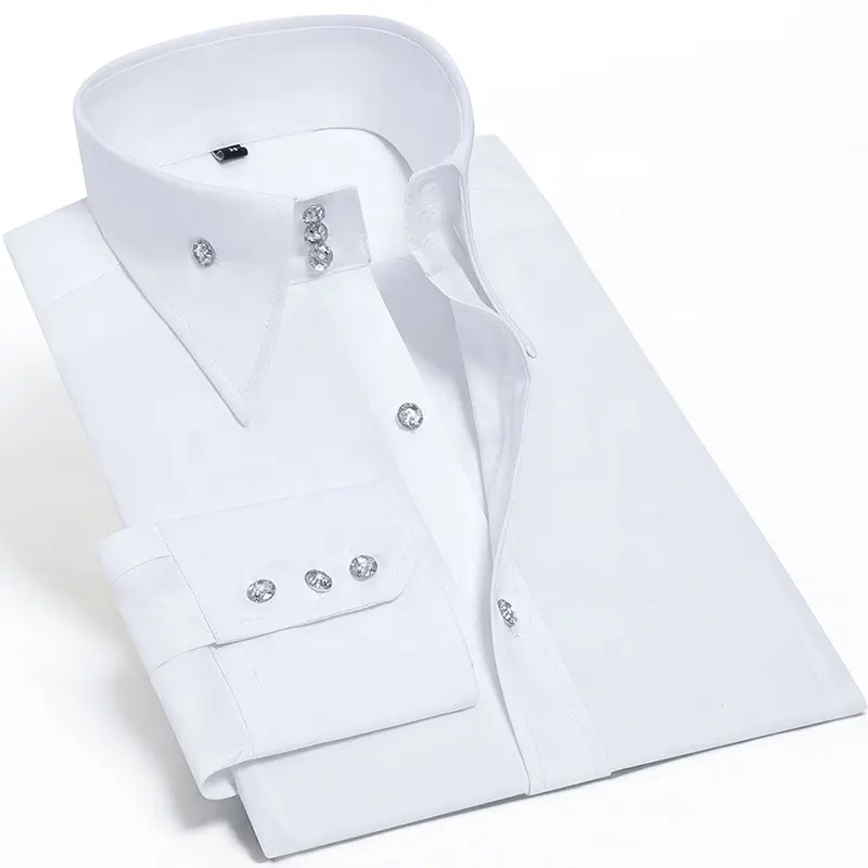 Casual diamond buttons mens long sleeve business office silk no ironing high collar dress shirts