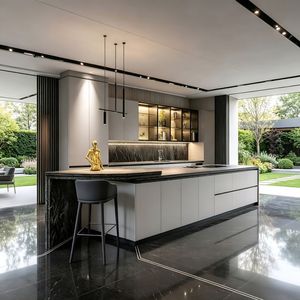 Muebles de Villa Minimalistas Modernos Estilo <span class=keywords><strong>Bauhaus</strong></span>, Gabinetes de <span class=keywords><strong>Cocina</strong></span> de Madera Ecológica con Cierre Suave, Resistentes al Fuego, en Contrachapado Blanco y Amarillo - Product Image 3
