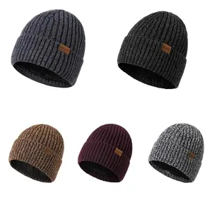 Custom Logo Warm Winter Beanie Knitted Hat Thermal Thick Polar Fleece Snow Skull Cap Hats For Men