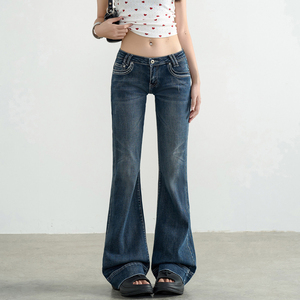 Jean évasé taille basse pour <span class=keywords><strong>femme</strong></span>, coupe slim, délavage vintage, effet vieilli, style Y2K Coquette, Vente en gros - Product Image 1