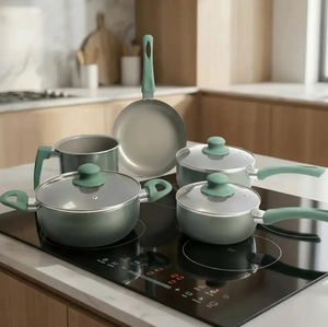 Modern <b>Ceramic</b> Marble Coated Pot <b>Pan</b> Glass Lids Bakelite Handles Non-Stick 6-Piece Aluminum Cookware Set Induction Compatible - Product Image 4