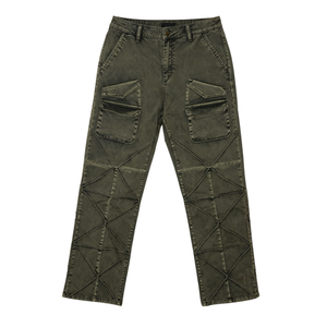 Jean utilitaire rétro taille mi-haute coupe oversize avec multiples poches cargo à rabat, en denim délavé vert olive, pour tenues de travail à jambe large - Product Image 3