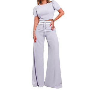 Spring and Summer New Round Neck <b>Bubble</b> Sleeve <b>Top</b> Tie Wide Leg Pants Women's Casual 2 Piece Set Fashion - Product Image 5