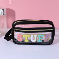 Trousse de maquillage avec pinceaux en PVC transparent et imperméable à l'eau, trousse de toilette avec lettres en chenille, trousse de toilette avec LOGO personnalisé pour le bricolage