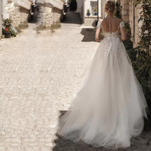 Nuovo Design <span class=keywords><strong>Abito</strong></span> da Sposa Vintage con Collo Trasparente, Maniche Corte a Cappuccio, Spacco Laterale, Elegante <span class=keywords><strong>Abito</strong></span> Nuziale Bohémien con Effetto Illusione - Product Image 2