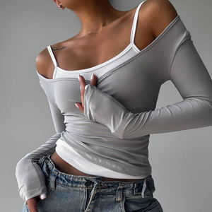 Color-Blocked Layered Two-Piece Set with Long-Sleeve Crew Neck T-<b>Shirt</b> and Knit Tank Simple <b>Y2K</b> Street Casual Style - Product Image 2