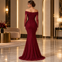 Maßgeschneidertes Damen-Abendkleid Glitzer-Netzstoff Gerafftes Drapiertes Schulterfreies Langarm Meerjungfrau Bodenlange Formelle Abendrobe