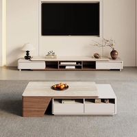 Ensemble table basse et meuble TV extensible moderne et minimaliste en bois massif vintage avec plateau en pierre frittée