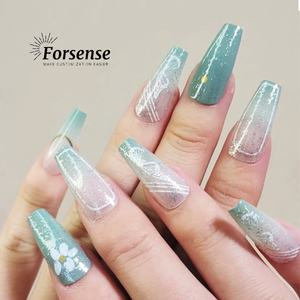 Профессиональные оптовые поставщики для прессования ногтей высокого качества, наборы для ношения в гробах, цветочные Блестящие Зеленые накладные ногти - Product Image 2