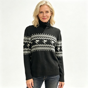 Pull en tricot à col roulé pour femme, motif Fair Isle noir, pull d'hiver - Product Image 1