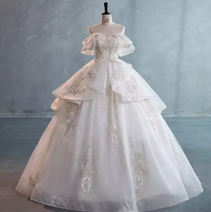 NDB10565 Robe de <span class=keywords><strong>mariée</strong></span> principale à épaules dénudées, Nouveauté 2024, pour femme, style français raffiné, entièrement faite à la main, avec manches longues et volumineuses, <span class=keywords><strong>grande</strong></span> <span class=keywords><strong>taille</strong></span> - Product Image 1