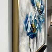 Peinture à l'huile abstraite moderne peinte à la main, fleurs bleues avec feuille d'or, texture épaisse, art mural sur toile pour salon, hôtel, décoration