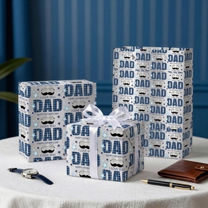 กระดาษห่อของขวัญวันพ่อสีเงินแบบม้วน สีฟ้า ลาย DAD I Love You & Happy Fathers Day พร้อมลายเครา ผูกโบว์ และดาว - Product Image 1