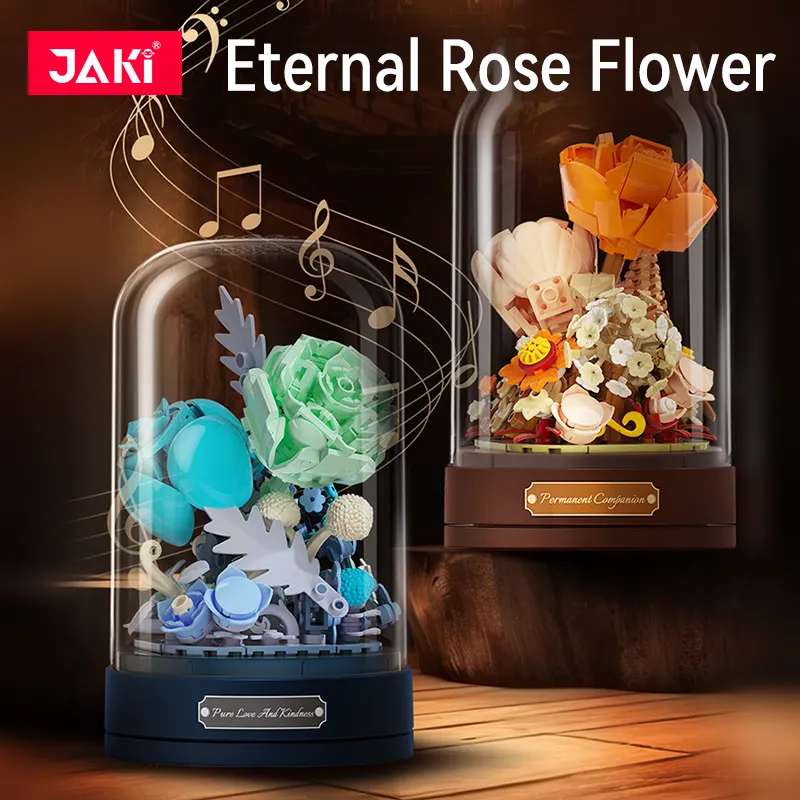 JAKI New Flowers Botanical Collection Rotierende romantische Blume Spieluhr Baustein Ziegel-Sets für Kinder