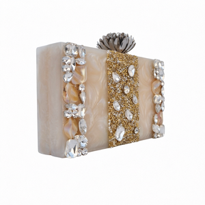 Pochette de Soirée de Luxe en Résine, Ornée de Perles et Strass Dorés, Sac de Mariage Crème, Boîte à Bijoux Artistique Tendance - Product Image 1