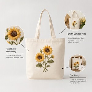Embroidery <b>Sunflower</b> Canvas Tote Bag Handmade Design Eco Friendly Reusable Custom Wholesale Open <b>Top</b> Shopping Use - Product Image 5