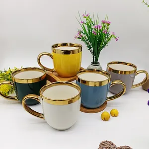 Modern Style Plated Home Tableware Multiple Mug Electroplate Ceramic Cup With Golden Rim And Handle For Supermarket