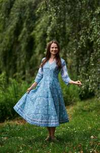 Floraline Hand Block Printed Calf Length Dress Blue White <b>Lilac</b> Bohemian Cotton Dress for Women - Product Image 4
