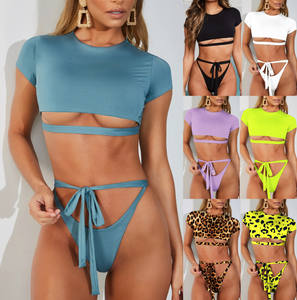 Traje de baño sexy para chica joven, conjunto de bikini personalizado con Tanga de manga corta y cintura alta, 2021 - Product Image 5