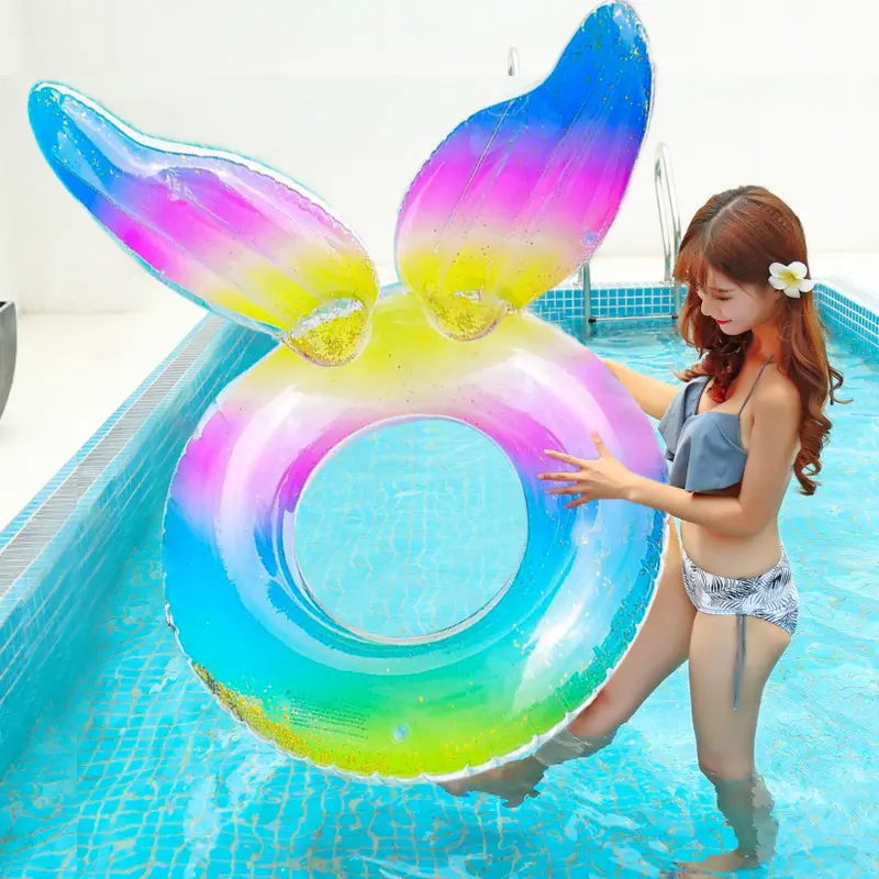 ขายส่งที่กำหนดเองใหม่Rainbow Glitter Mermaidแหวนว่ายน้ำสำหรับผู้ใหญ่Inflatable Swimแหวน
