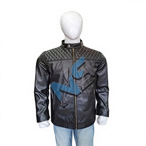 Blouson moto en cuir pour homme, col montant, fermeture éclair frontale, épaules matelassées, imprimé lettres par transfert thermique, doublure en polyester imperméable - Product Image 1