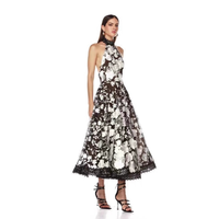 Robe décontractée élégante pour femme, col halter, coupe trapèze, imprimé floral, bordure en dentelle, longueur mi-mollet, pour les fêtes et le quotidien