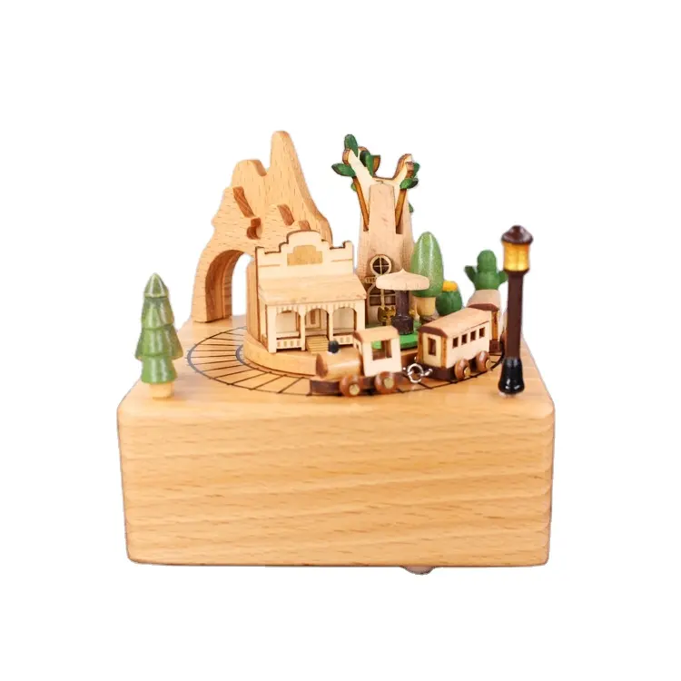 HOYE CRAFTS Kids Birthday Gift wedding decoration beech wood Rotating Train music box