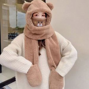 Bonnet d'été tout-en-un en peluche chaud et tendance pour adultes, motif ours mignon, avec écharpe, masque et gants en velours moelleux, idéal pour l'extérieur et la protection contre le froid pour hommes - Product Image 2