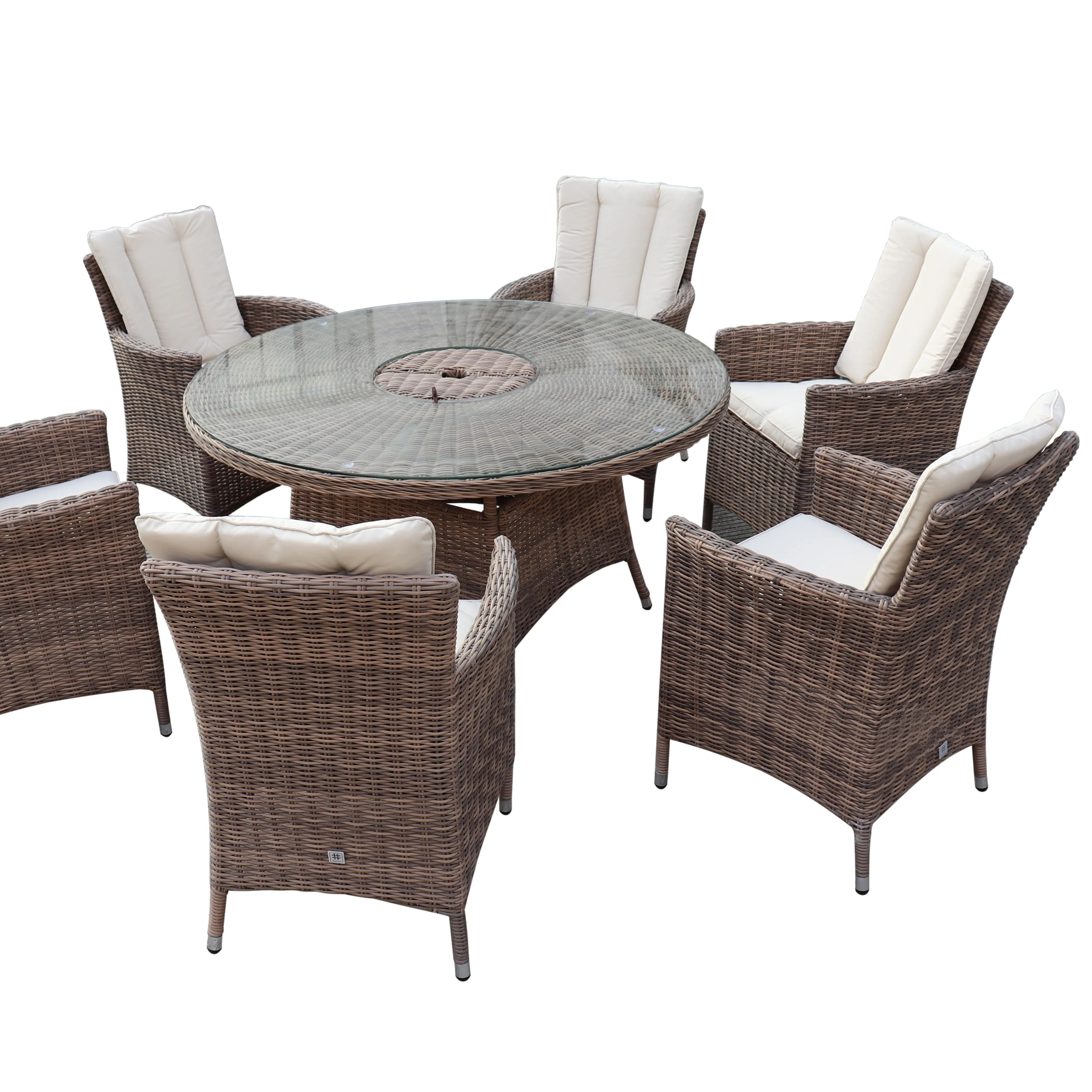 Venta al por mayor de jardín marrón mesa de comedor redonda conjunto con 6 sillones chino Patio marrón mimbre muebles de exterior