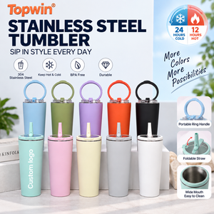304 Stainless Steel Vacuum Insulated <b>Tumbler</b> <b>with</b> Ring Handle Foldable <b>Straw</b> Portable Travel Cup for Office Car Outdoor - Product Image 1