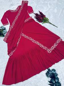 ชุดส่าหรีผ้าจอร์เจียต์เทียมสุดหรูหรา แบรนด์ Antra Lifestyle พร้อมงานปักประณีต ประดับเลื่อมระยิบระยับ แต่งระบาย  สำหรับงานแต่งงานแบบดั้งเดิม - Product Image 6