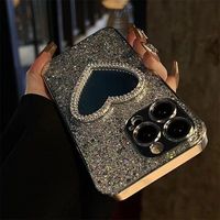 Casing Handphone Bentuk Hati Berlapis Elektroplating Berkilau Glitter Diamond untuk iPhone 11 12 13 14 15 16 17 Pro MAX