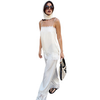 Ensemble pantalon long en satin polyester et haut camisole décontracté à épaules dénudées avec patchwork de dentelle, nouvelle mode été 2026 transfrontalière