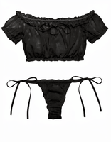 Ensemble de lingerie sexy Avidlove pour femme, nuisette babydoll à volants, épaules dénudées, soutien-gorge et culotte, noir, taille M, ODM, 100 % polyester