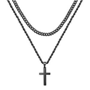 Collier avec pendentif croix en acier inoxydable, chaîne cubaine double couche, pour hommes, bijoux à la mode, cadeau à porter au quotidien - Product Image 5