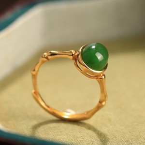 Artificial Hetian Jade Cabochon Gold Plated Bamboo Ring Women Chinese Style Adjustable Index Finger Jewelry Gift - Product Image 2