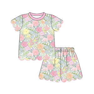 Conjunto de 2 Piezas de Ropa para Niños, Pantalones Cortos con Borde Festoneado, Diseño Floral, Algodón y Spandex Transpirable, Estilo Casual para Primavera/Otoño - Product Image 4
